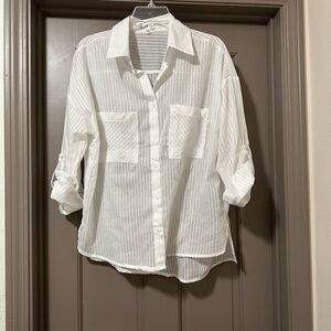 Classic White Striped Women’s Button Down Shirt Large Lightweight